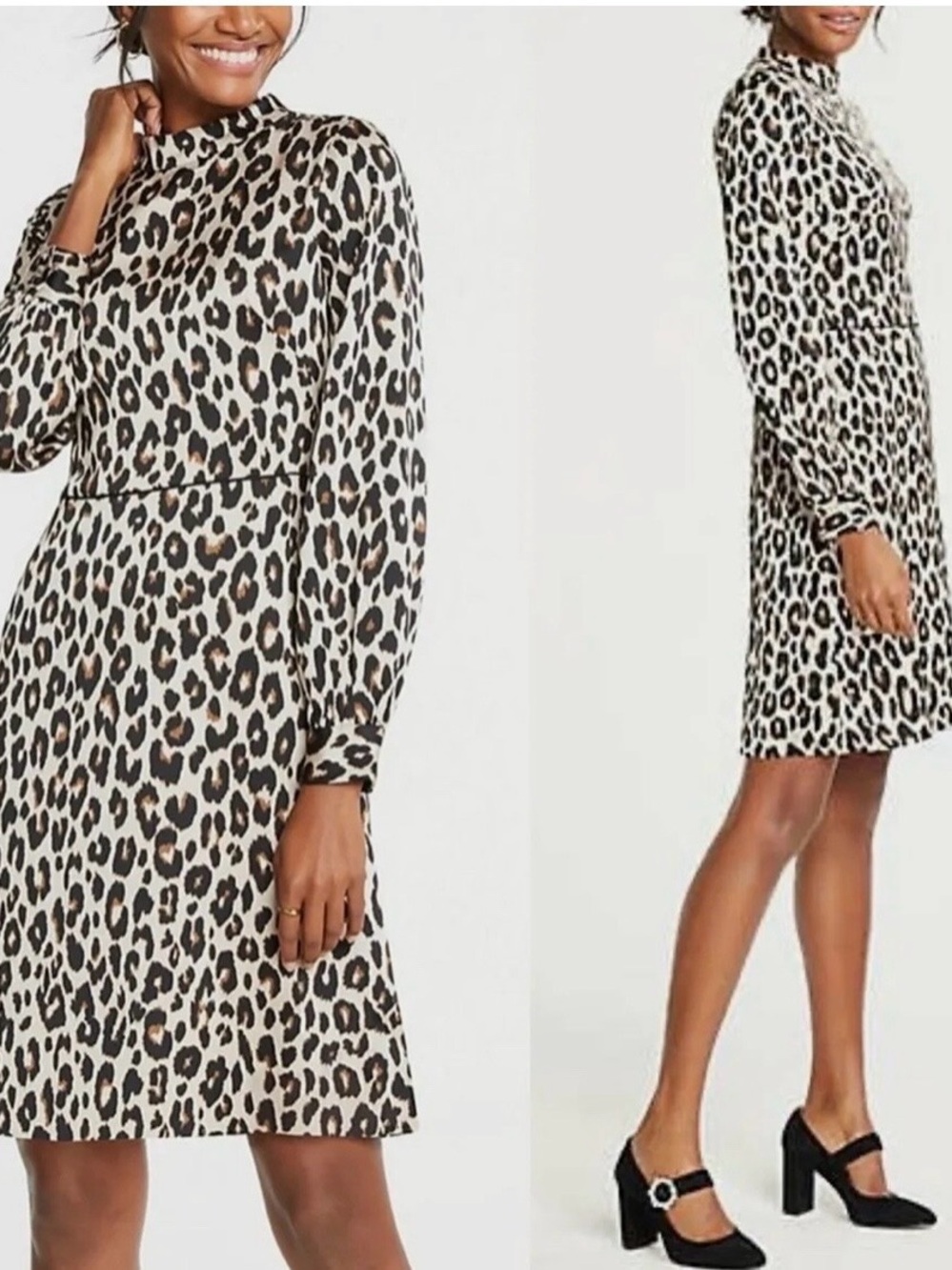 Ann Taylor Leopard-Print Midi Dress in Cream, Black & Brown